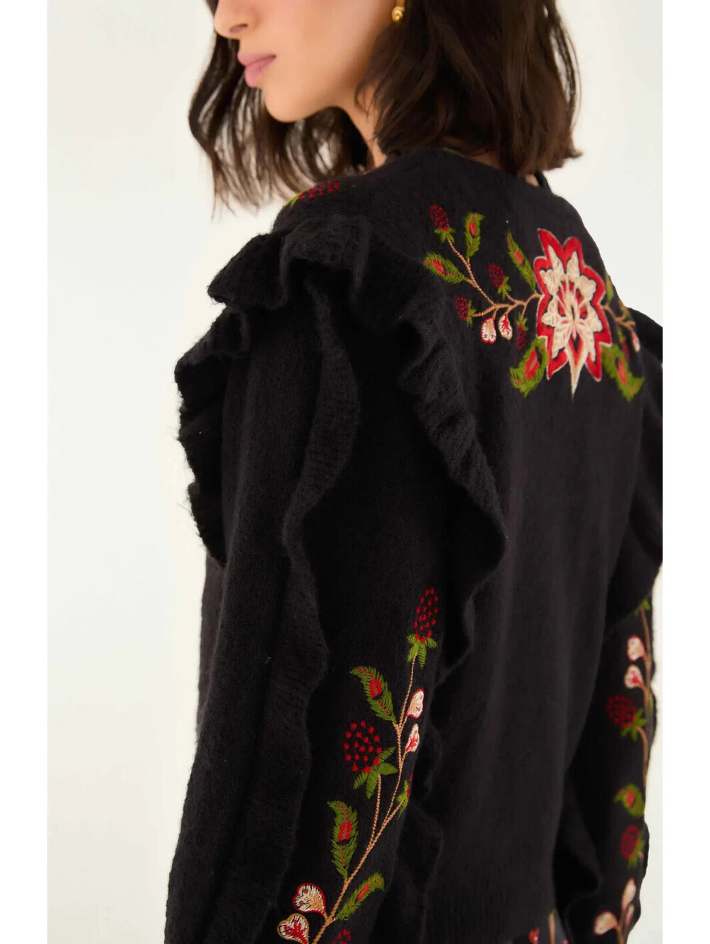 NEW, Farm Rio Berry Embroidered Ruffle Cardigan in Black Sz M #T4052 - Picture 4 of 10